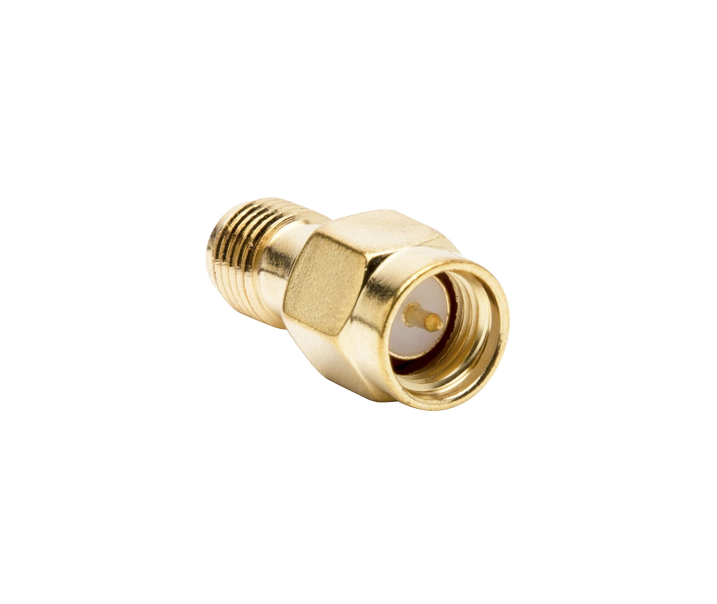 RP-SMA hun til SMA han adapter, guldbelagt med gevind og central pin til wifi-antenne, adapterdetalje vises.