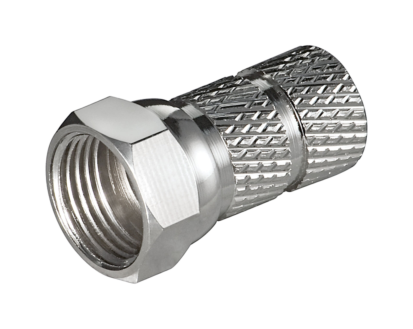 Wentronic F-connector Twist-on 6,5 mm koaksial kabelstik, metal, rillet greb og gevindende.