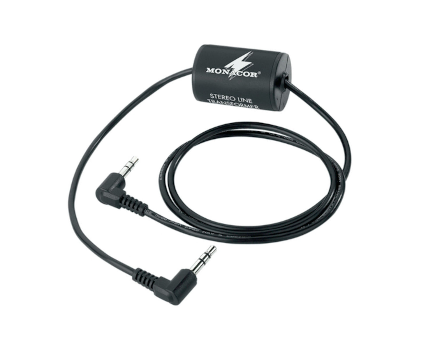 Monacor Afstøjerfilter 3,5 mm stereo line transformer sort, cylinderformet med to sorte vinklede 3,5 mm stik og kabel.