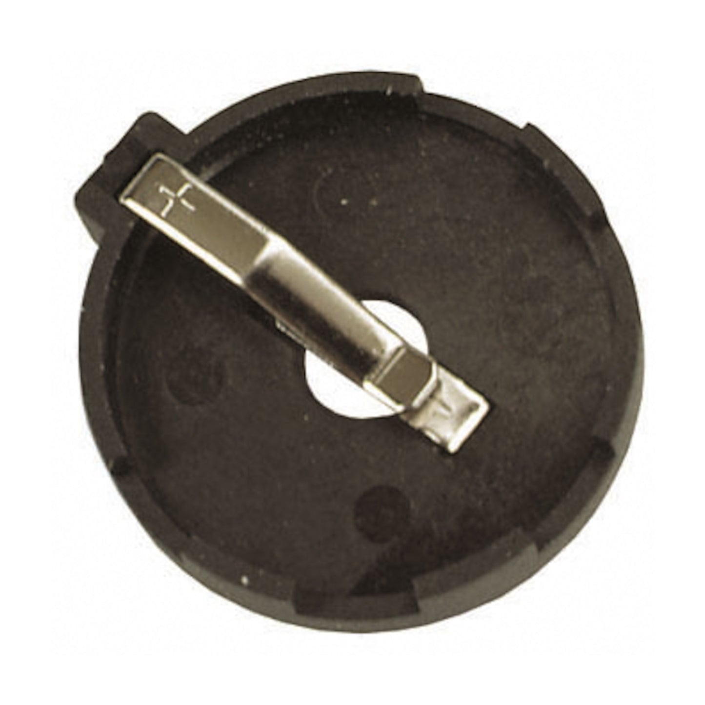 Luxorparts batteriholder til CR2032, rund sort plast med central metalclip til knapcellebatteri på kredsløbskort.