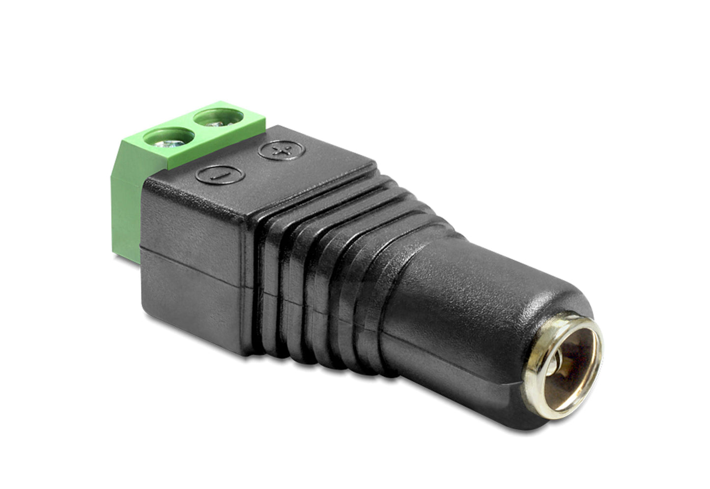 Terminalblok med DC-hunstik 5,5x2,5 mm, to-skrueterminal i den ene ende og DC-stik til ledning/strømforsyning.