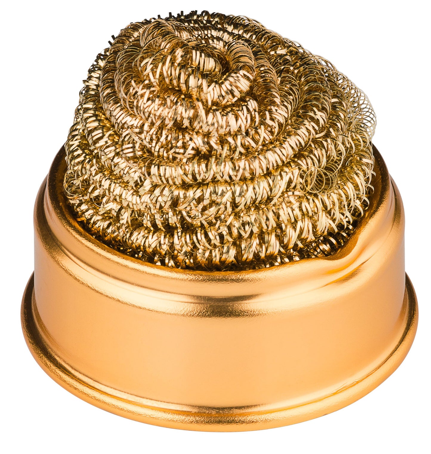 Loddespidsrenser med tætsnoet gylden metaluld i holder, egnet til rengøring af loddekolbespidser.