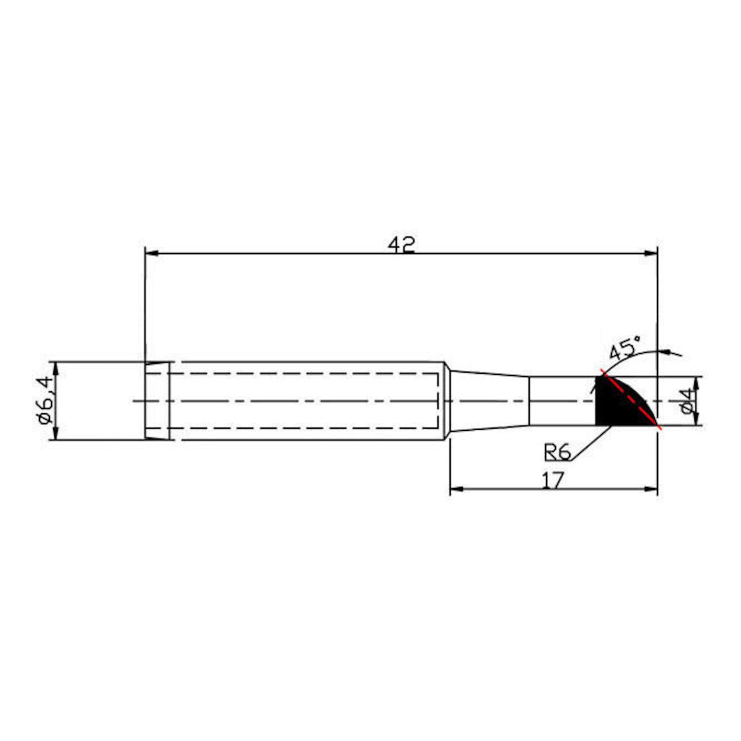 Dibotech loddespids til 40570/40745/40746, 4,0 mm, cylindrisk med affaset spids, 42 mm lang, 6,4 mm dia, mål vist.