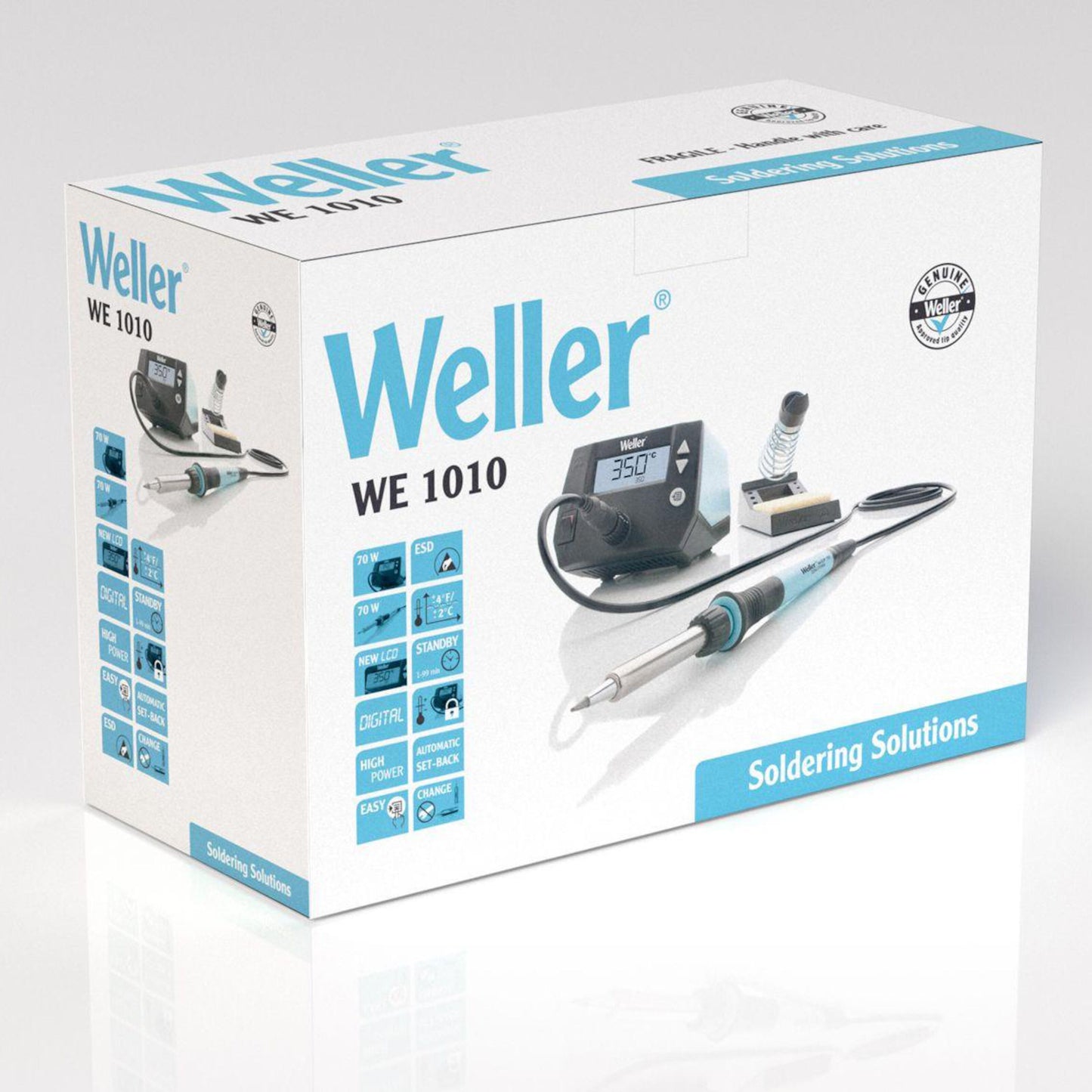 Weller WE 1010 loddestation 70 W med digital enhed, loddekolbe, holder, rengøringssvamp, blå detaljer.