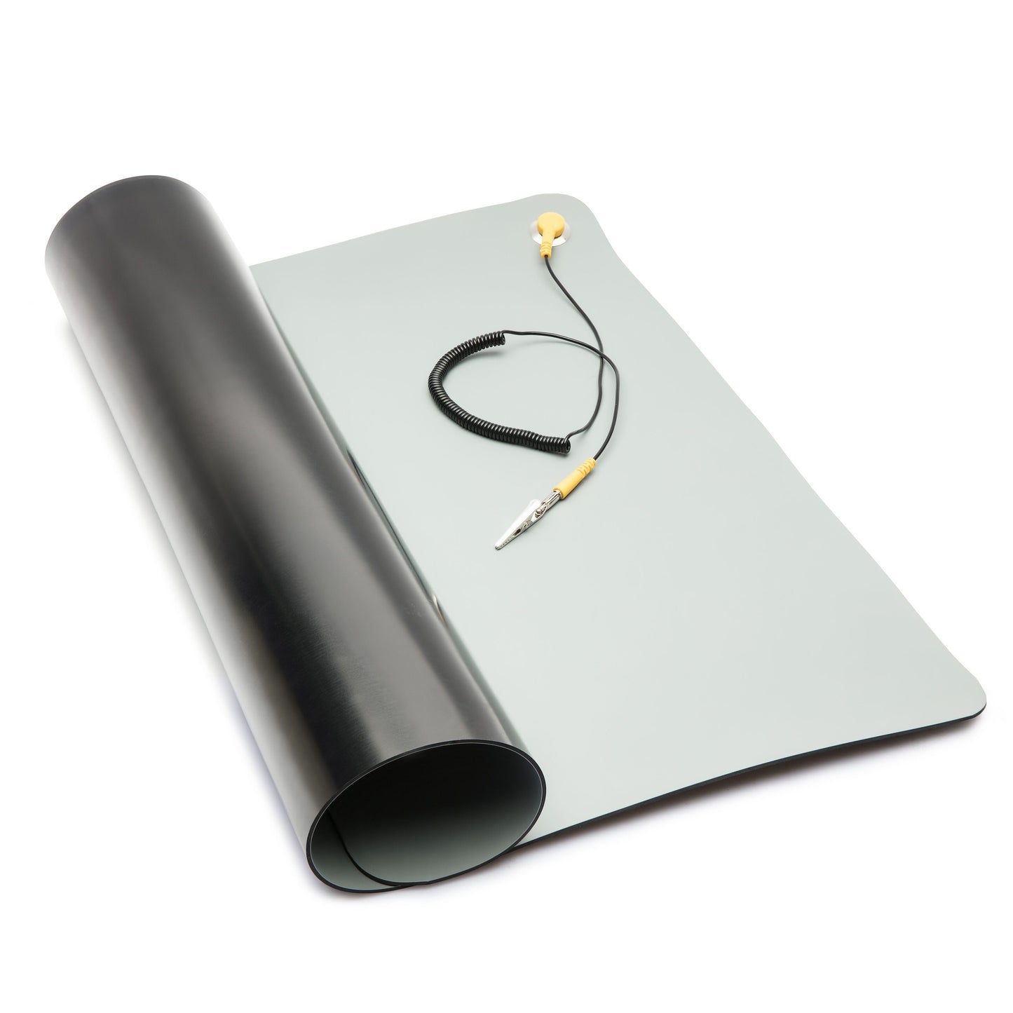 Luxorparts ESD-bordmåtte 50x60 cm grå overflade, sort underside, spiral-ledning og metalstik med gul jordklemme.