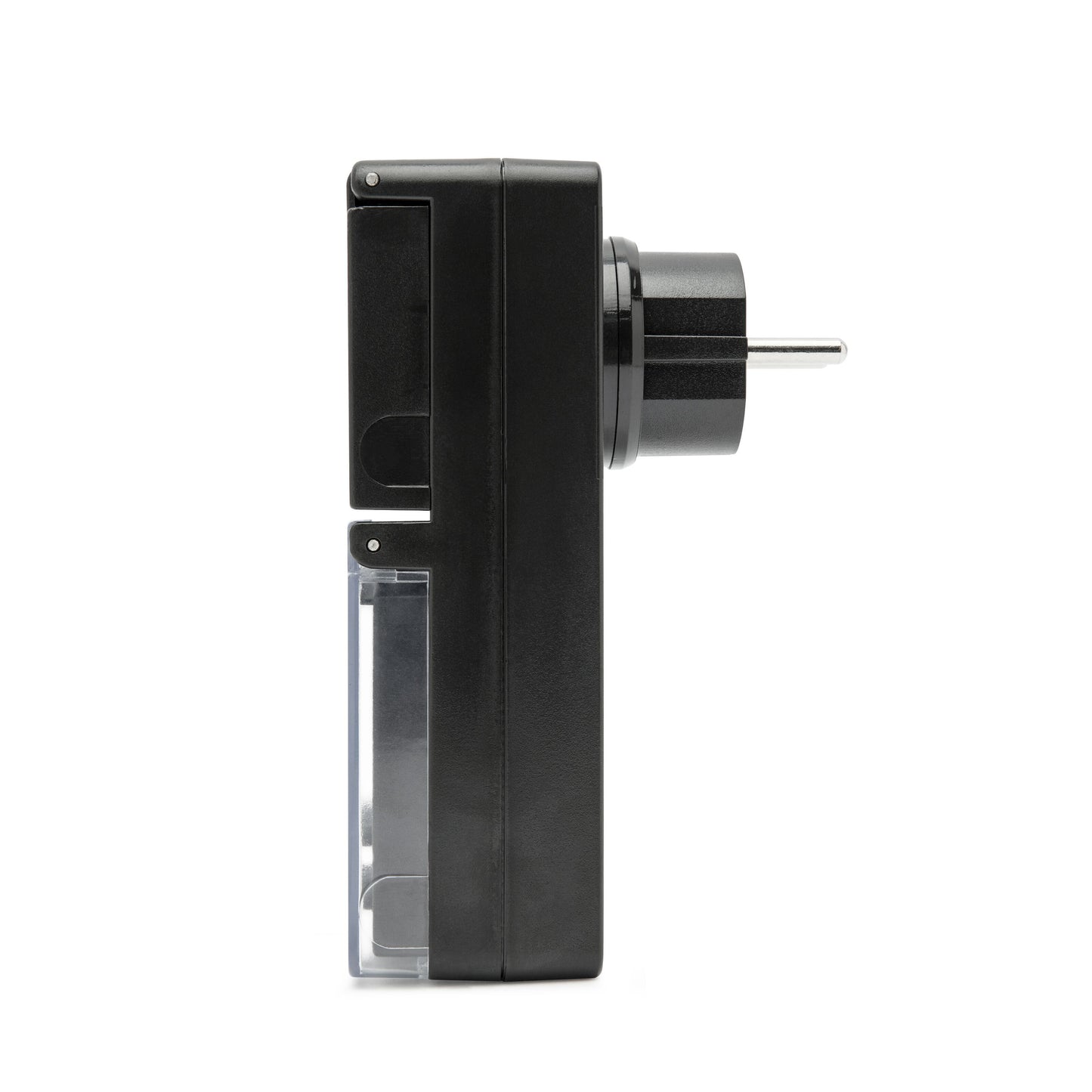 Luxorparts Digital timer 7 dage sort vejrbestandig med klar front og tobenet stik til udendørs brug.