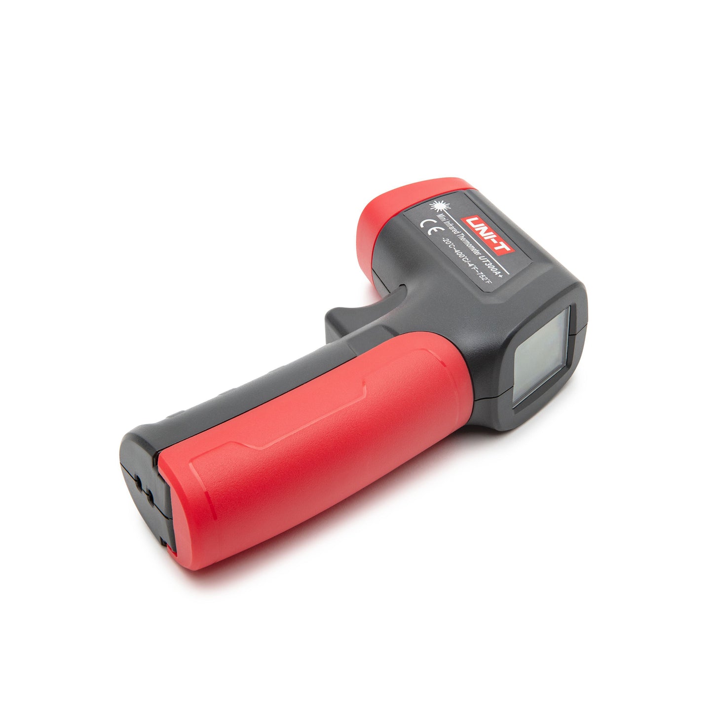Uni-T UT300A+ IR-termometer med sort/rød krop, digitalt display og aftrækker til kontaktfri temperaturmåling.
