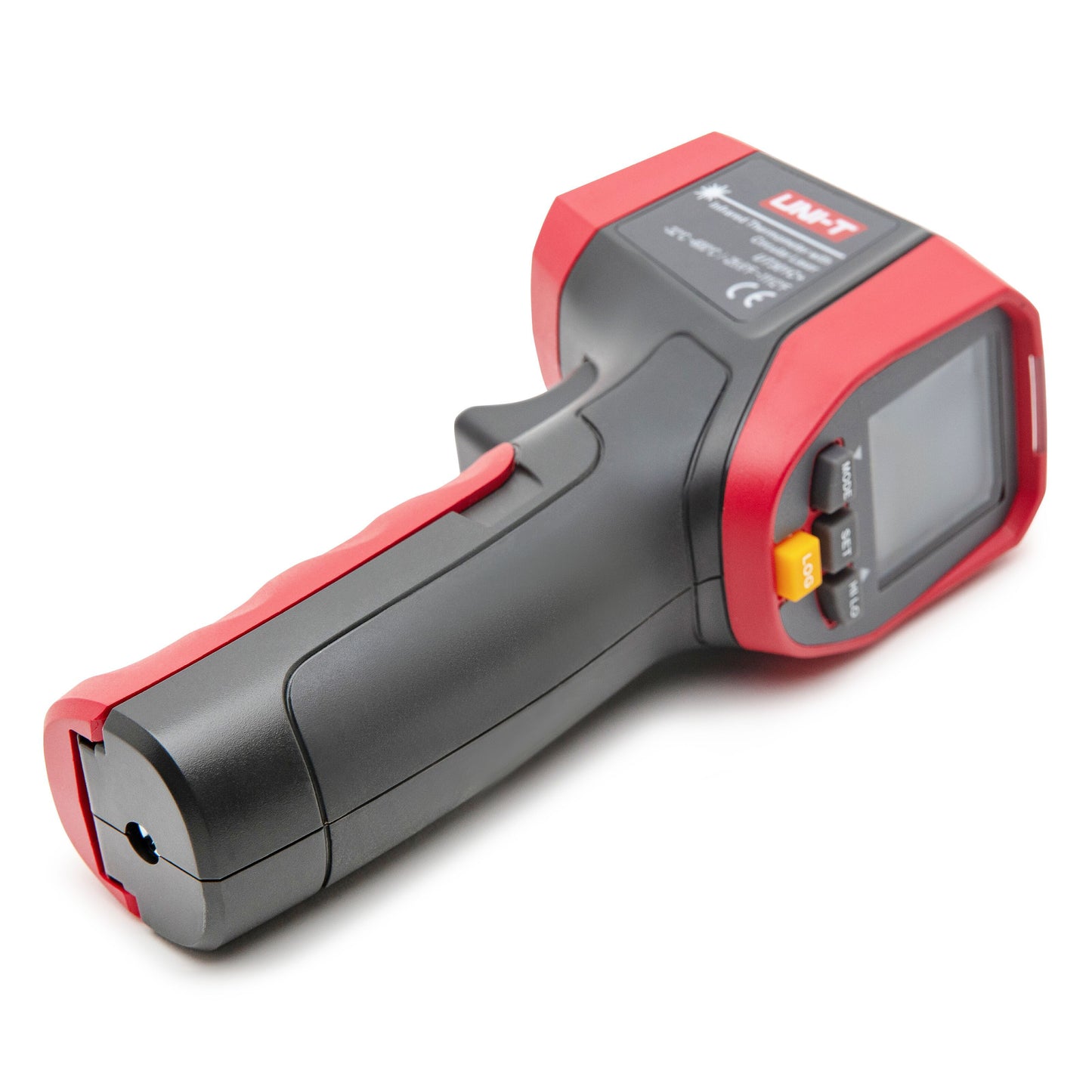 Uni-T UT301C+ IR-termometer med digitalt display, sort/rød farve og kontrolknapper under skærmen.