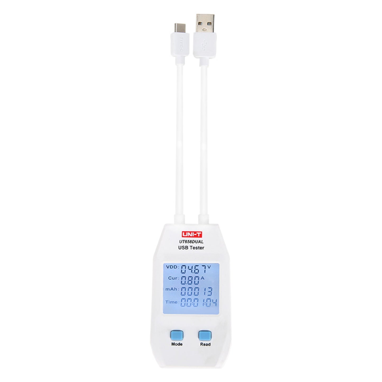 Uni-T UT658D USB-tester med display for volt, strøm, kapacitet og tid samt USB-A/USB-C kabler, Mode og Reset knapper.