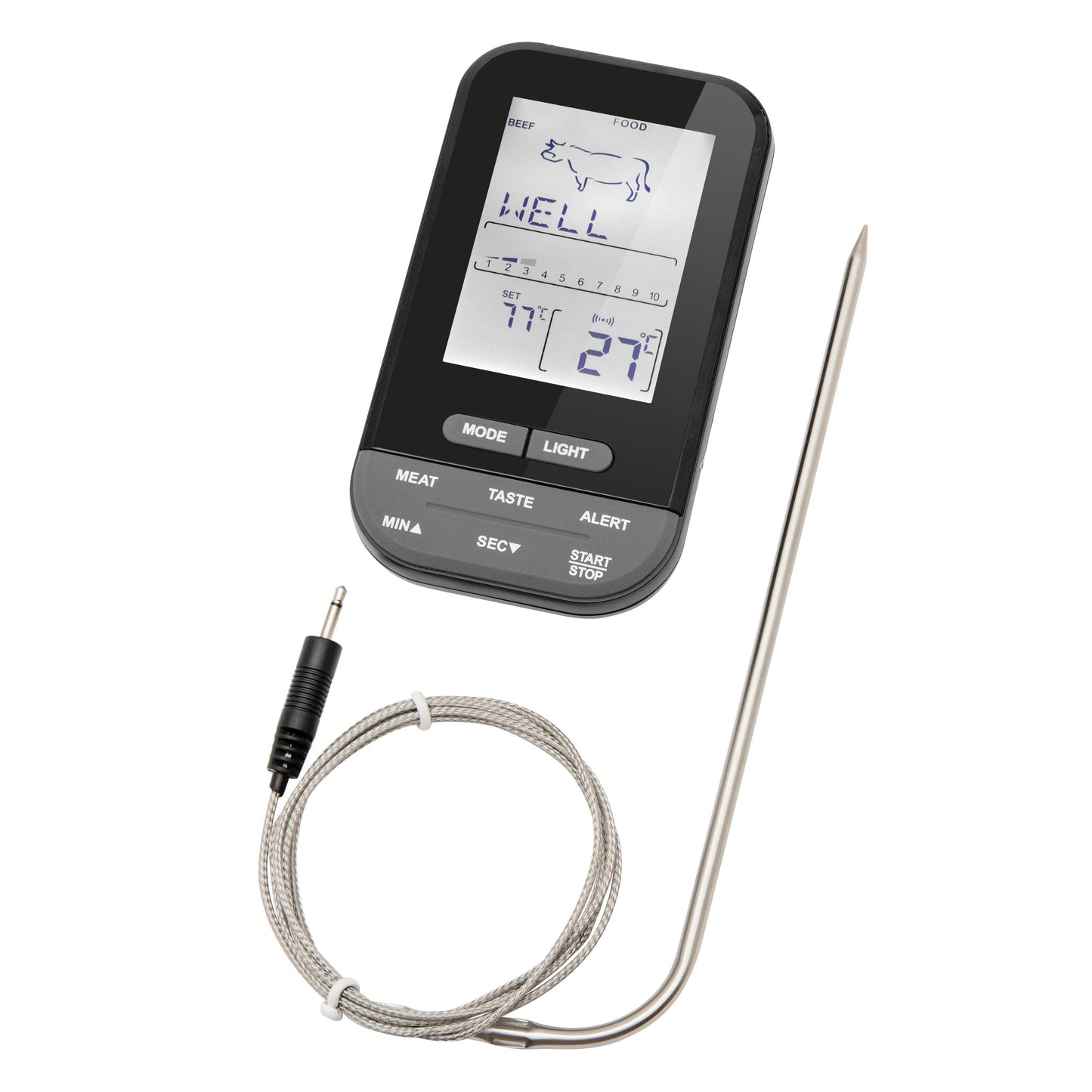 Rubicson Stegtermometer med display, ko-ikon, temperatur og stegeniveau, lang metalprobe og kabel til ovn eller grill.