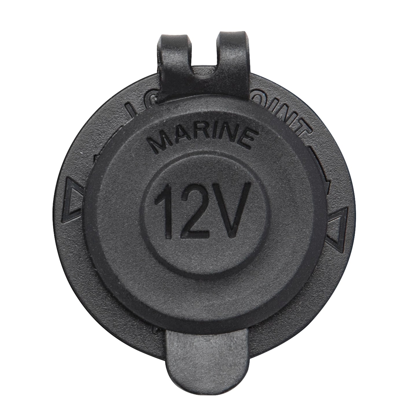 Luxorparts 12V panelmonteret sort rund udtag, dæksel med teksten "MARINE" og "12V.