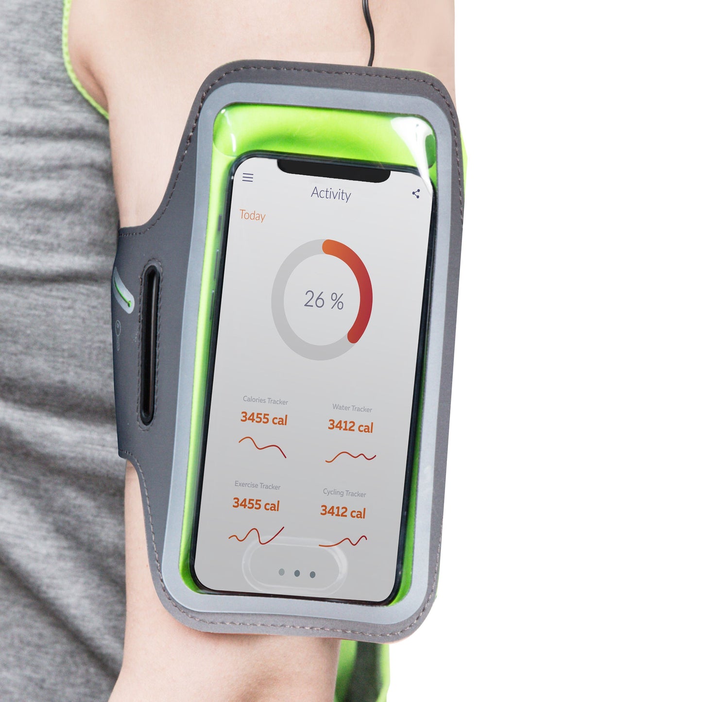 Linocell Sportsarmbånd til mobiltelefon, smart opbevaring, vises på arm med smartphone og åben fitness app-tracking.