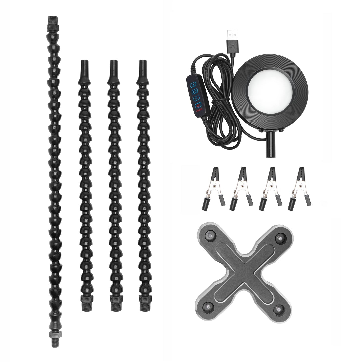 Luxorparts stativ til præcisionsarbejde med fire slags svanehalsarme, USB LED-lampe, 4 krokodillenæb, krydsformet fod.