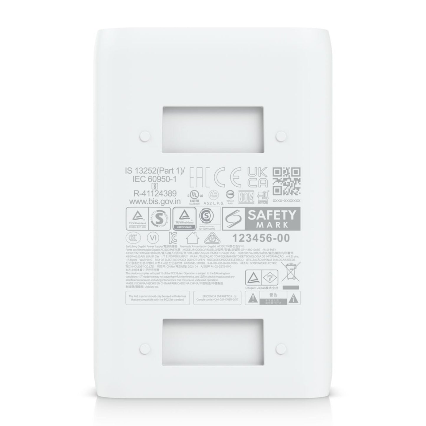 Ubiquiti U-POE+ injektor 30W bagfra, certificeringslogoer, regulatorisk info, stregkoder og 2 rektangulære udskæringer.