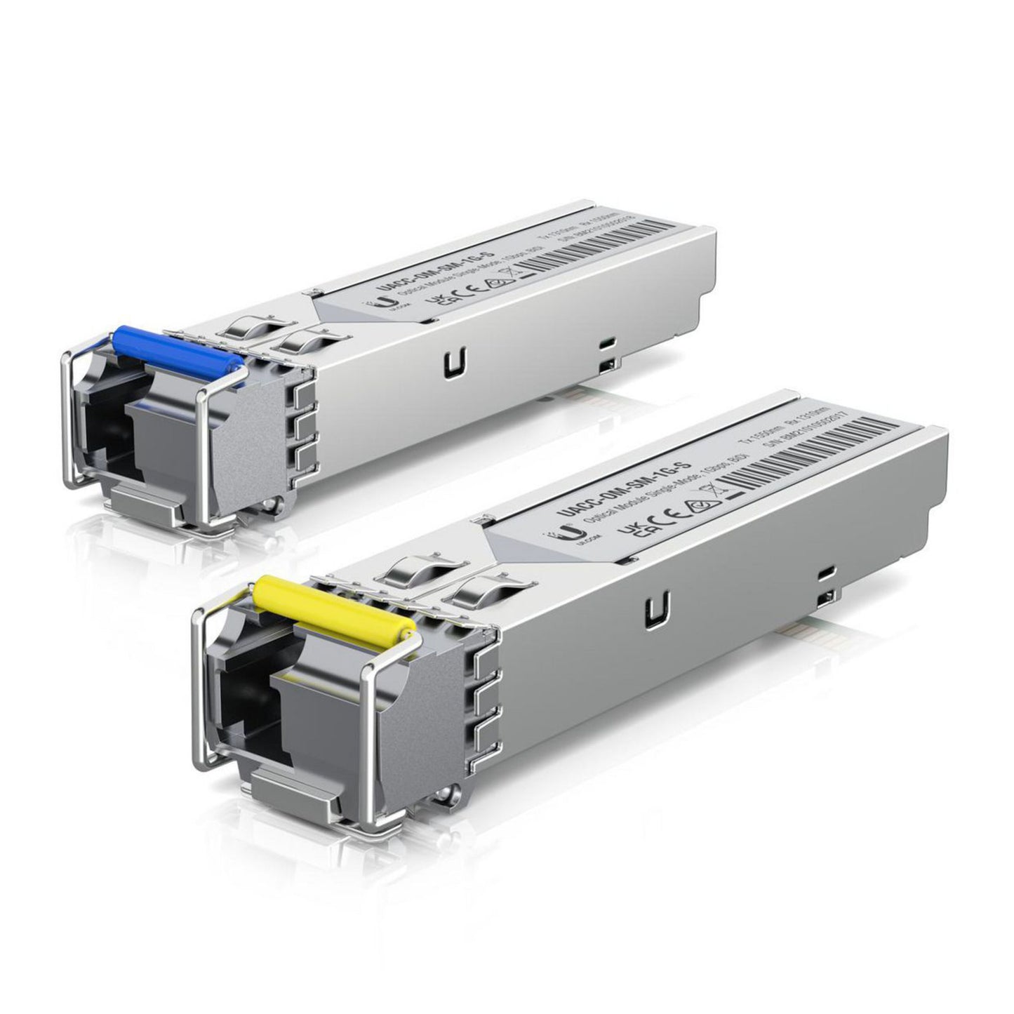 Ubiquiti U-Fiber Single-Mode modul UF-SM-1G-S 1 Gbps, en med blå pull tab, en med gul pull tab.