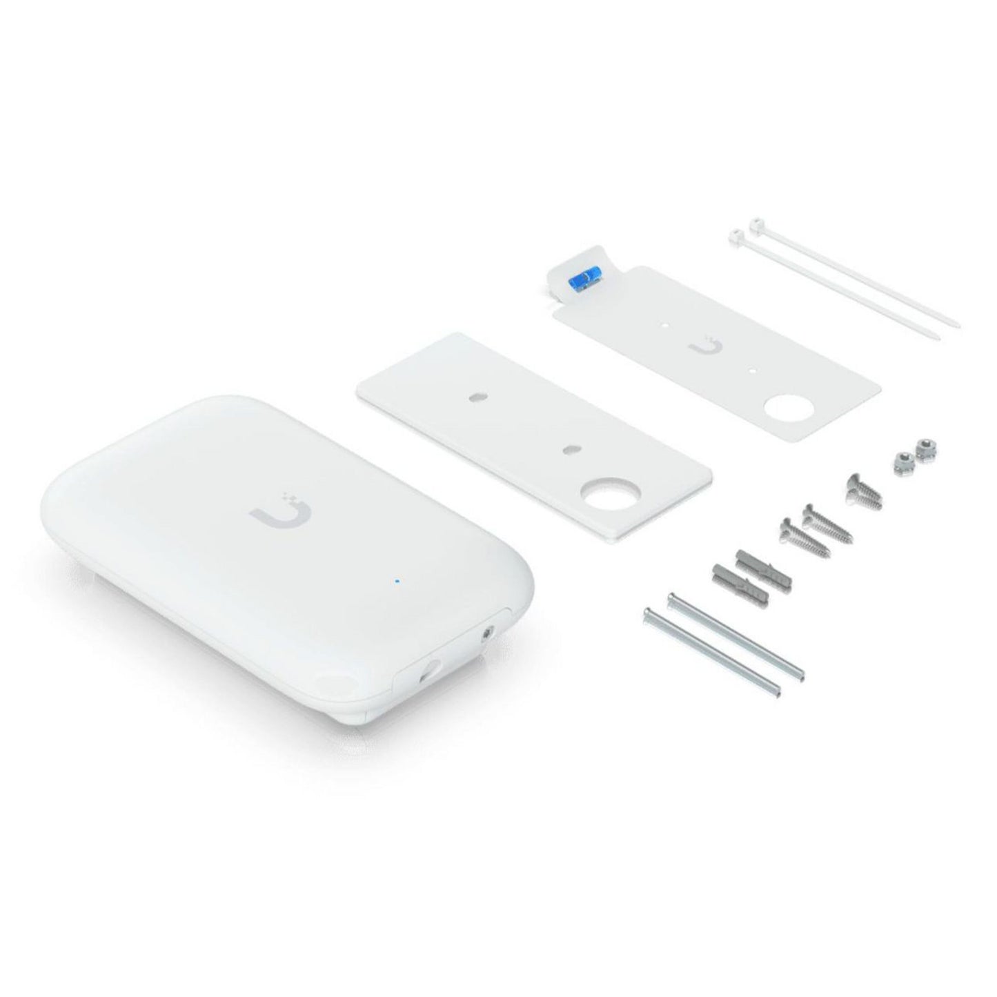 Ubiquiti UniFi Swiss Army Knife Ultra access point hvid med U-logo, monteringsplade, skruer, bolte, rawlplugs og strips.