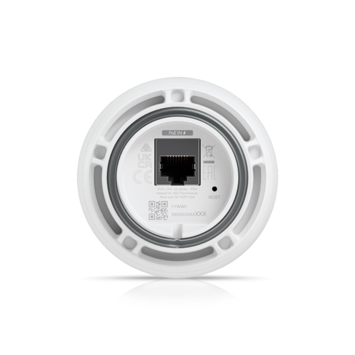 Ubiquiti UniFi Protect G5 POE overvågningskamera 3-pak bagfra med Ethernet-port, QR-kode, reset-knap og certifikater.