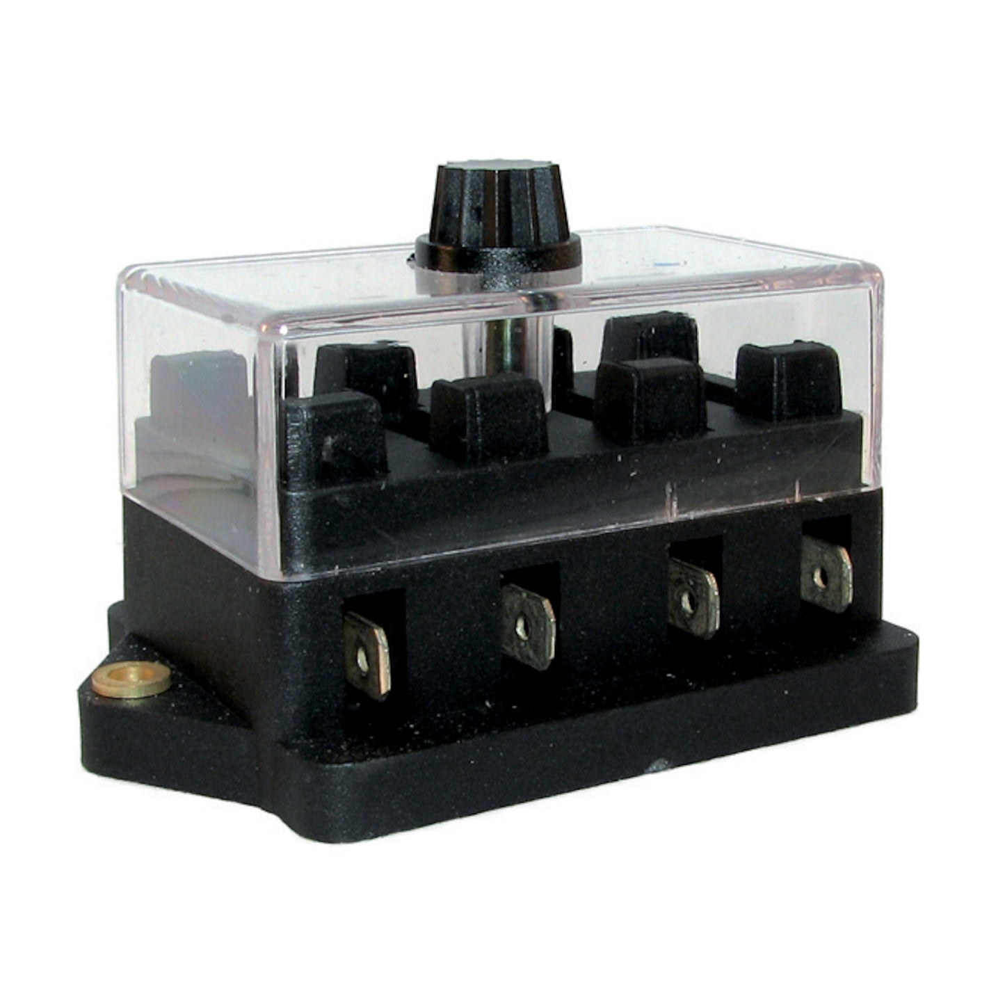 Sikringsholder MIDI til 4 fladstiftsikringer, sort drejeknap, klar låg, flere terminaler til 12V/24V.