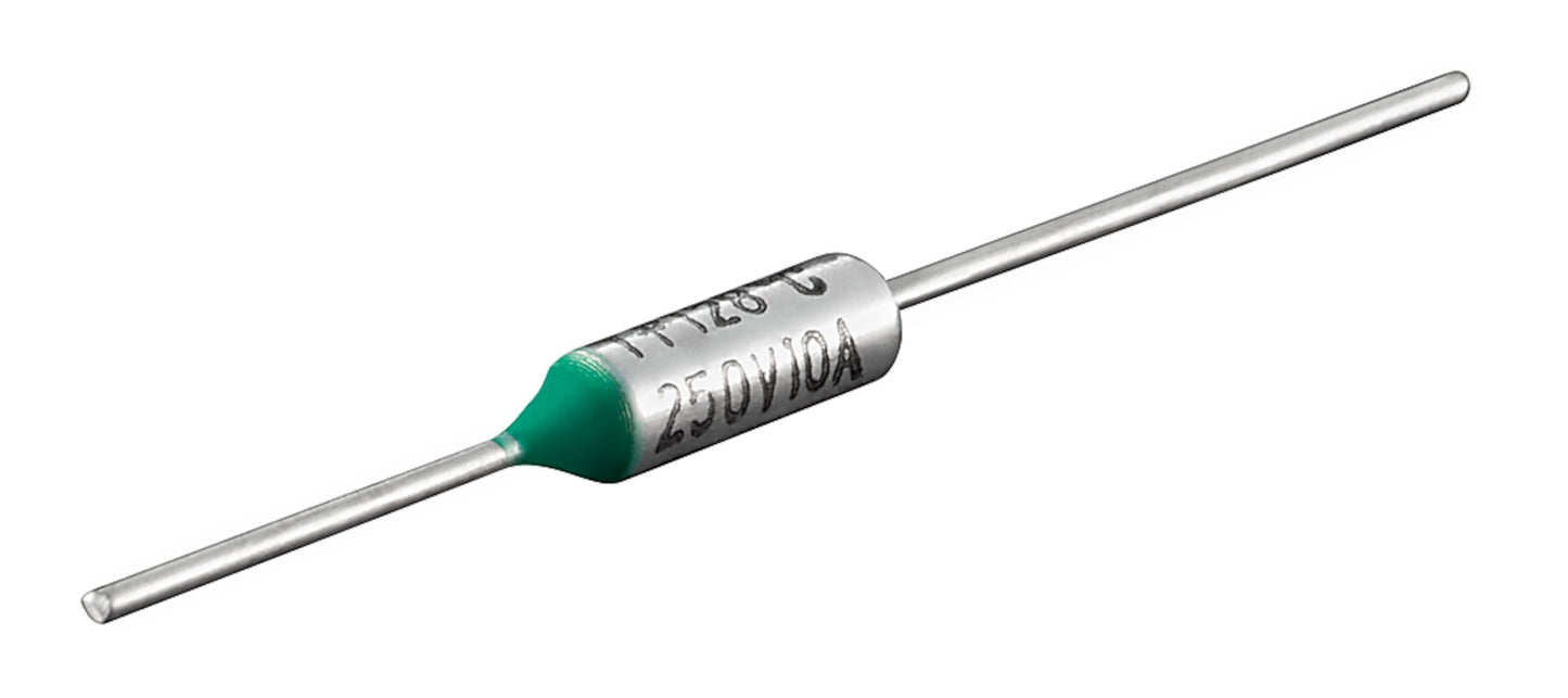 Termosikring 100 °C 250V 10A sølvcylinder med grøn endekappe, til metalben, mærket TT128-C 250V10A.