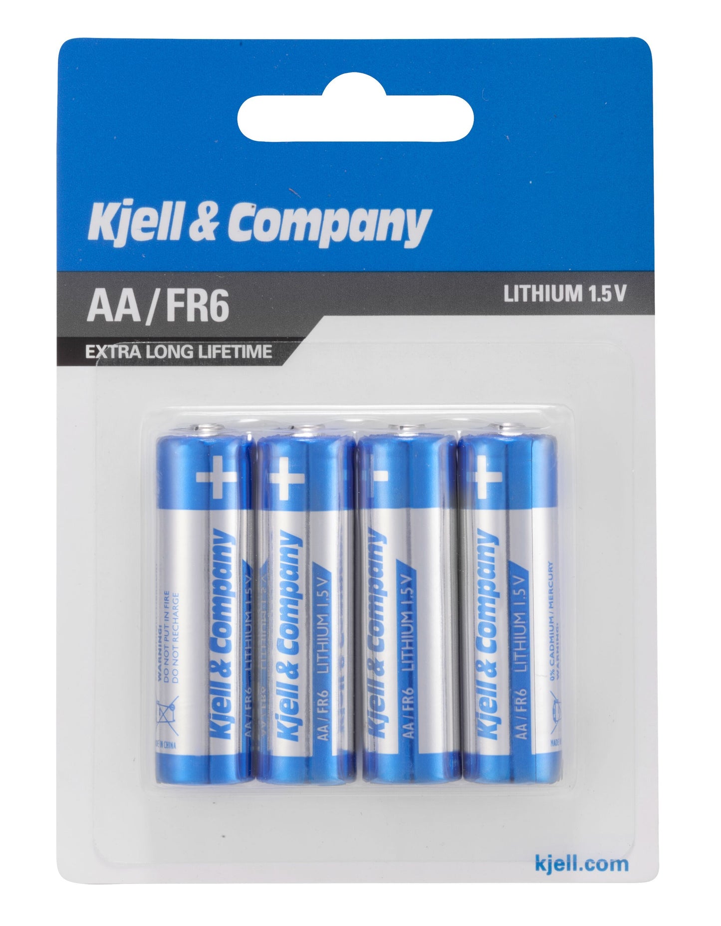 4-pak Litium AA-batterier FR6 Extra Long Lifetime i blå og sølv blisterpakning med hvid og blå kort.