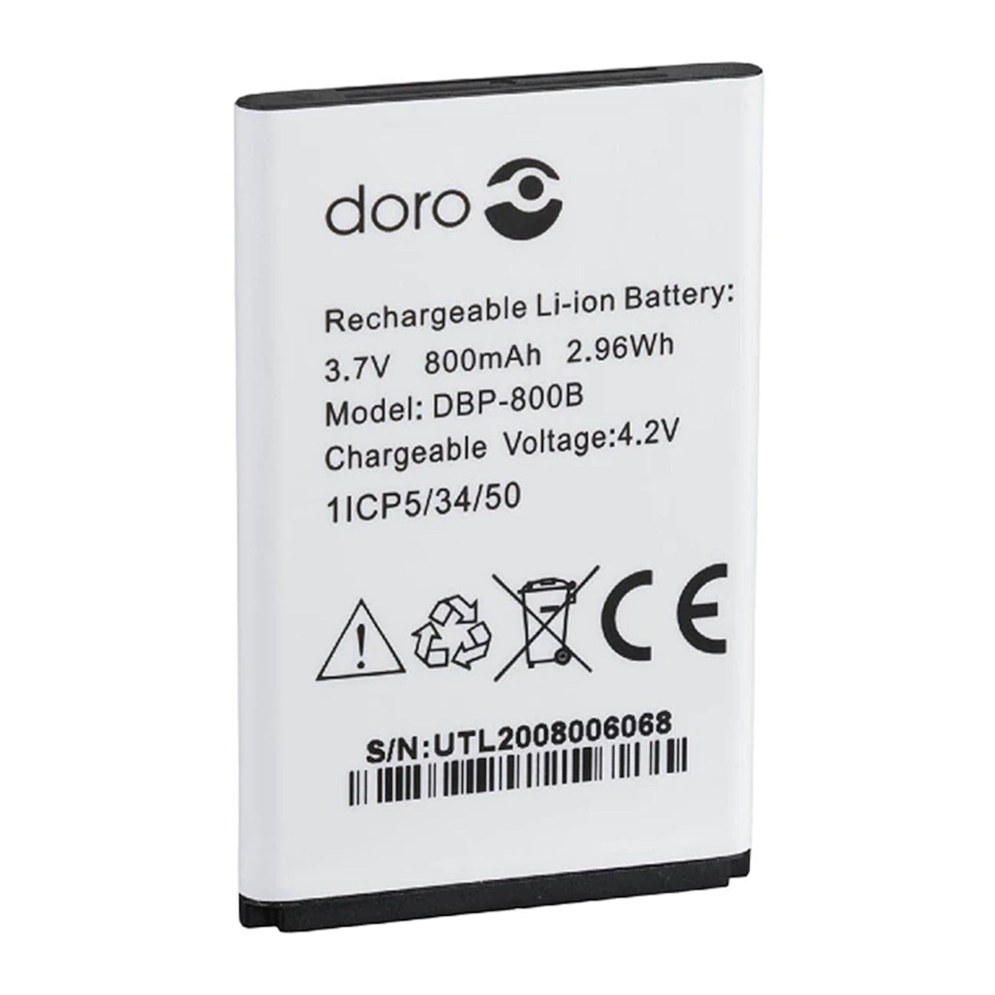 Doro Original batteri DBP-800B til Doro 1362/6521, Li-ion 3.7V 800mAh 2.96Wh, synlige specifikationer og certifikater.