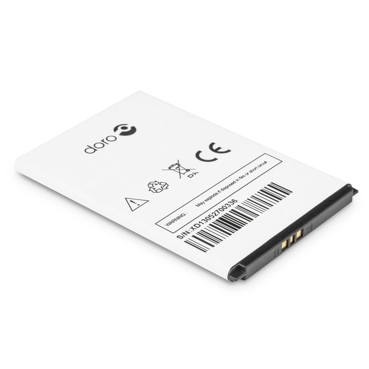 Doro Original batteri til Doro 1355/1378/138X, hvid med sorte kanter, guld-kontakter, teknisk info påtrykt.