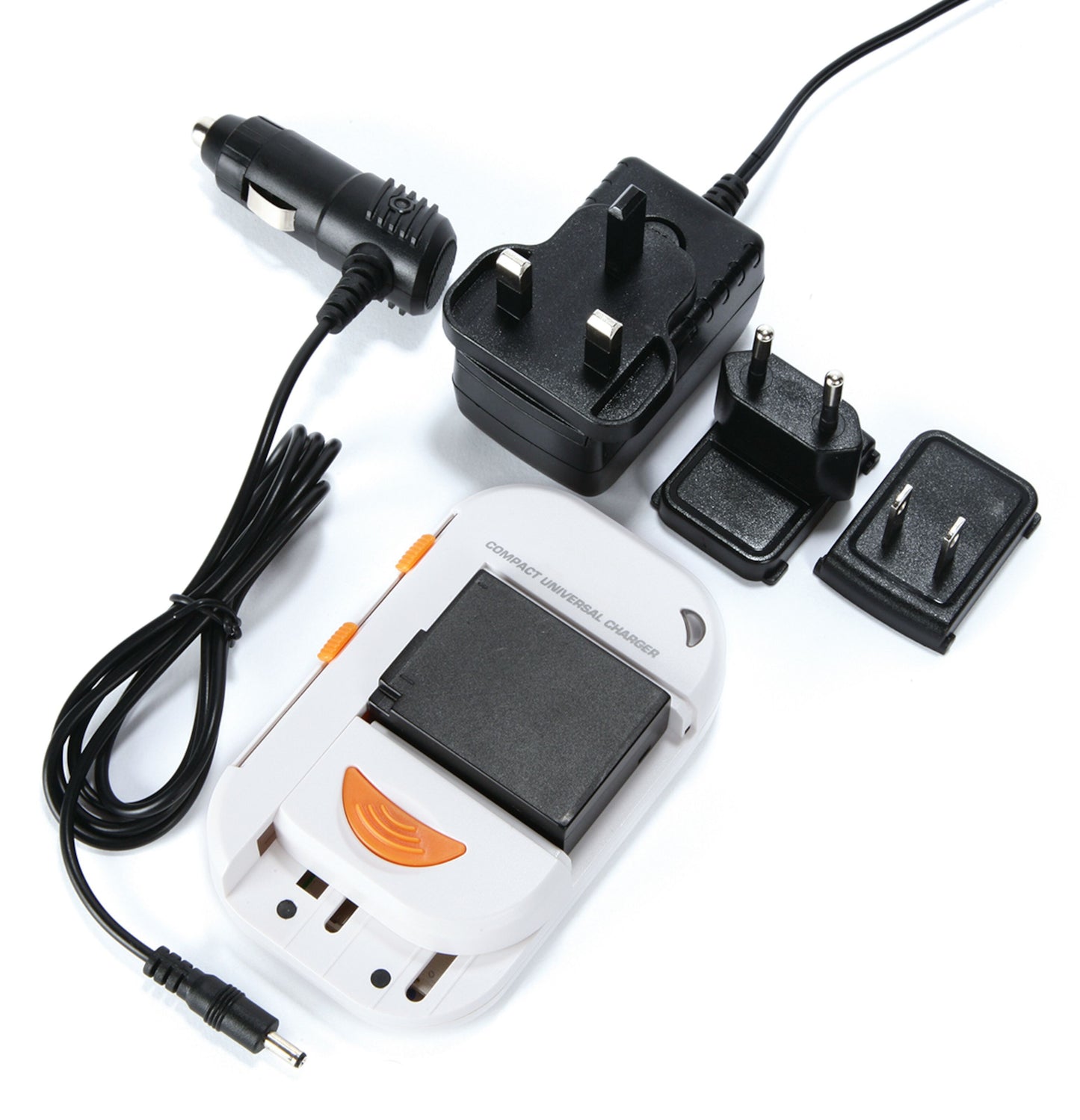 Universaloplader til kamera- og mobilbatteri, oplader AA/AAA, inkl. udskiftelige adaptere, bilkabel og strømforsyning.