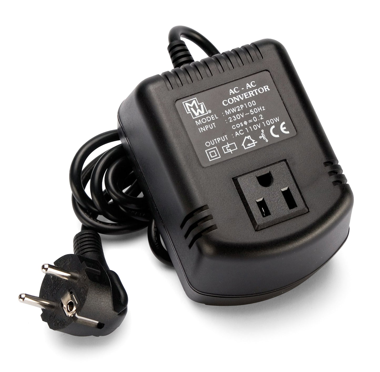 Transformer 230-110 V 70 W sort AC-AC omformer med tobenet EU-stik, enkelt udtag og tekniske specifikationer på label.