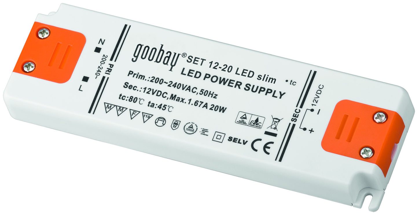 Goobay LED-transformator 20W med orange ender, indgang 200-240V AC, udgang 12V DC max 1,67A/20W.