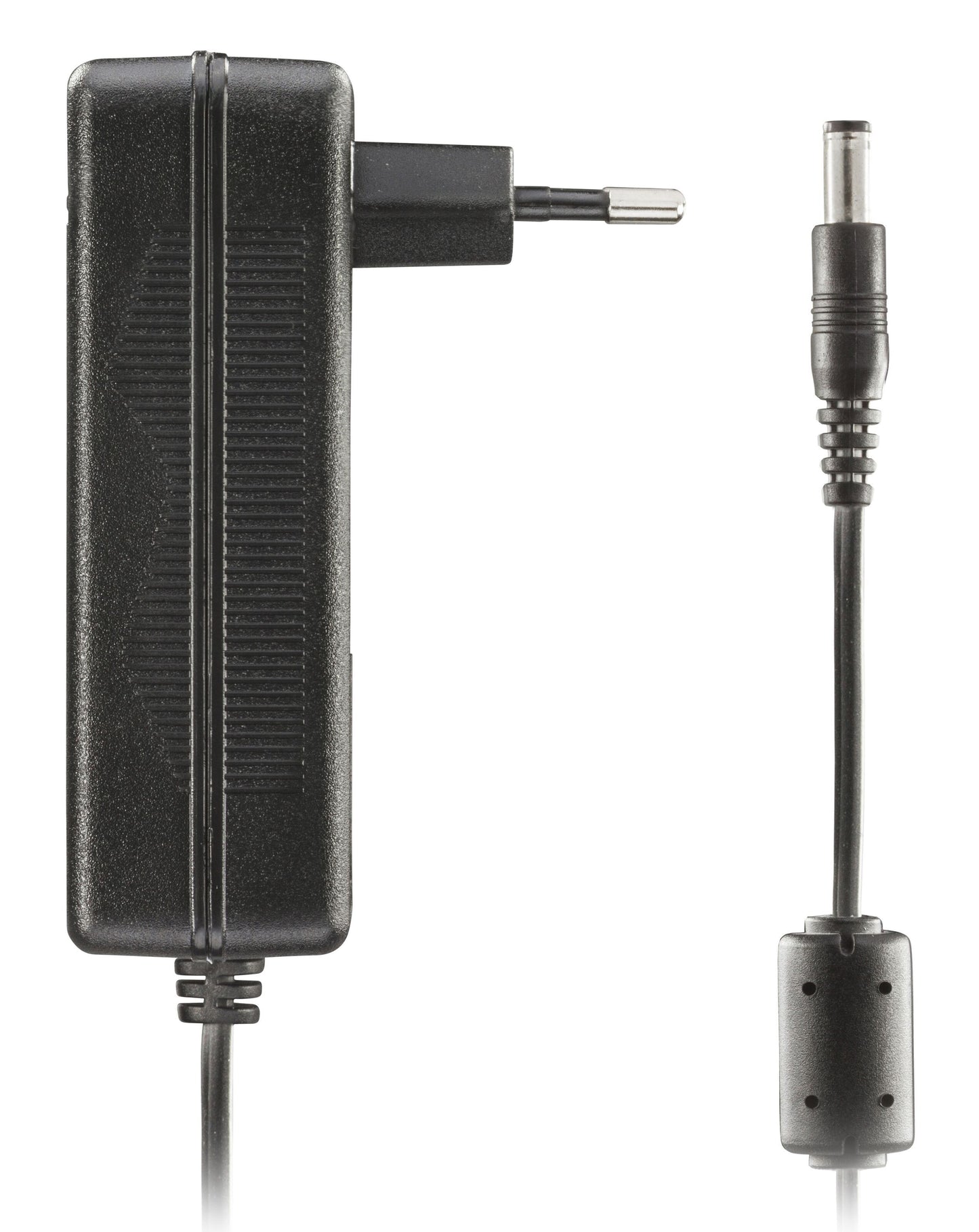 Skiftet netadapter 12V DC 36W sort med europæisk tobenet stik og fastmonteret kabel med cylindrisk DC-stik, side og stik close-up.