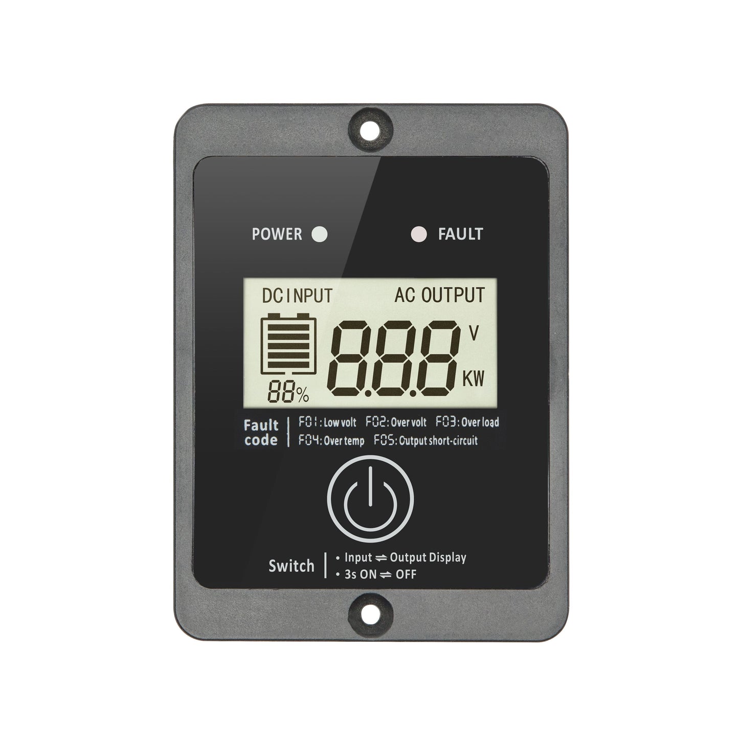 Luxorparts vekselretter ren sinus 300W med digitalt panel, DC/AC visning, batteri, volt, kW, fejl- og statuslys.
