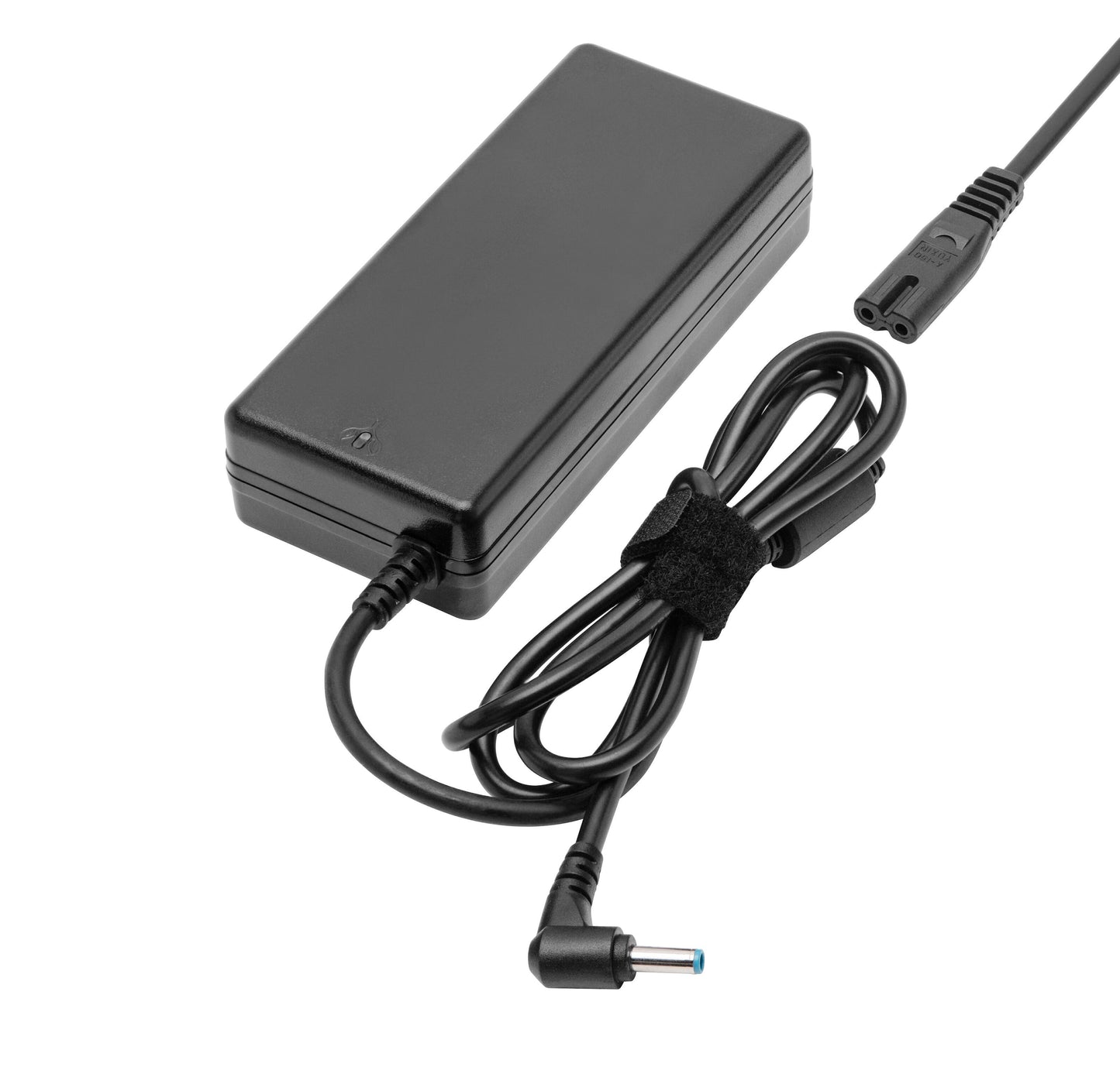 Computeroplader 19,5 V 90 W til HP, sorteret med fastmonteret kabel, blå spids (4,5x3,0 mm) og velcrostrop.