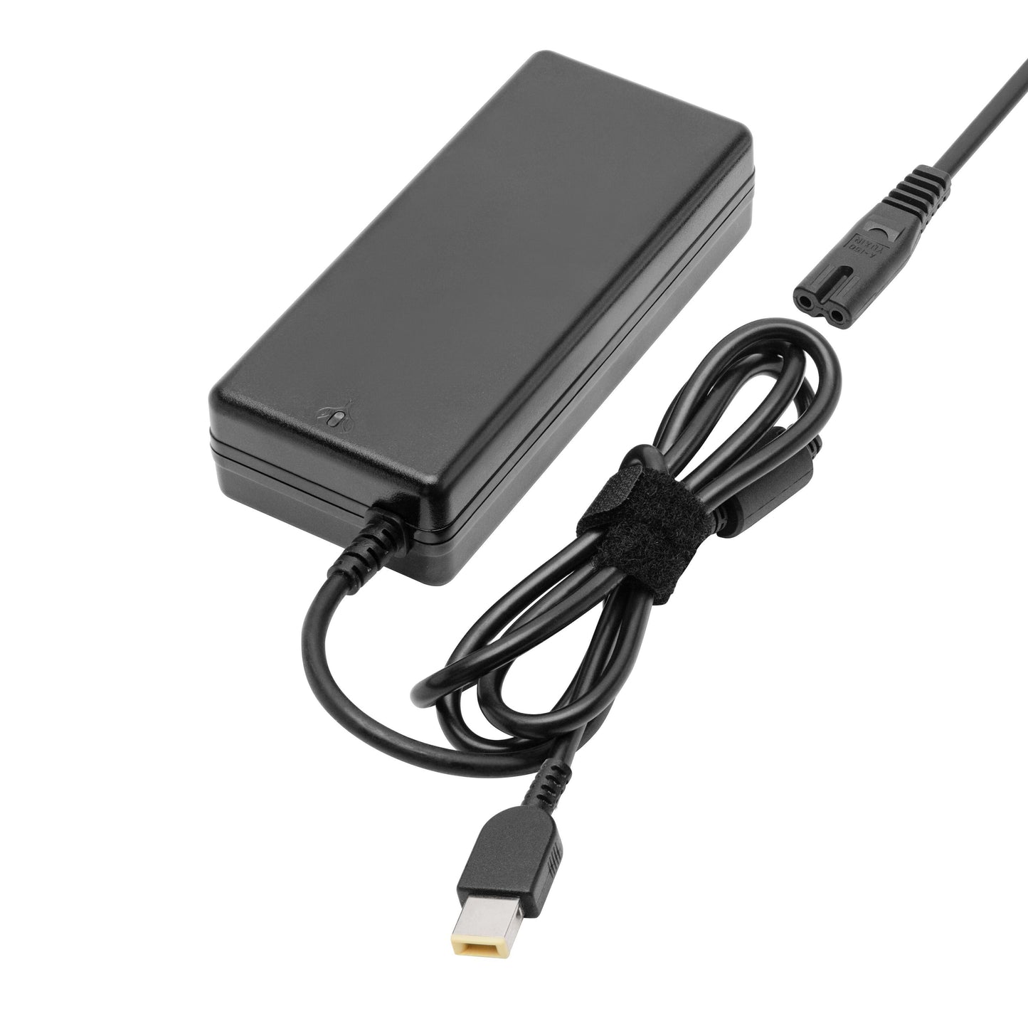 Sort computeroplader 20 V 90 W Slim Tip med fast kabel, gul Slim Tip-stik, velcro-rem og løs tobenet strømkabel.