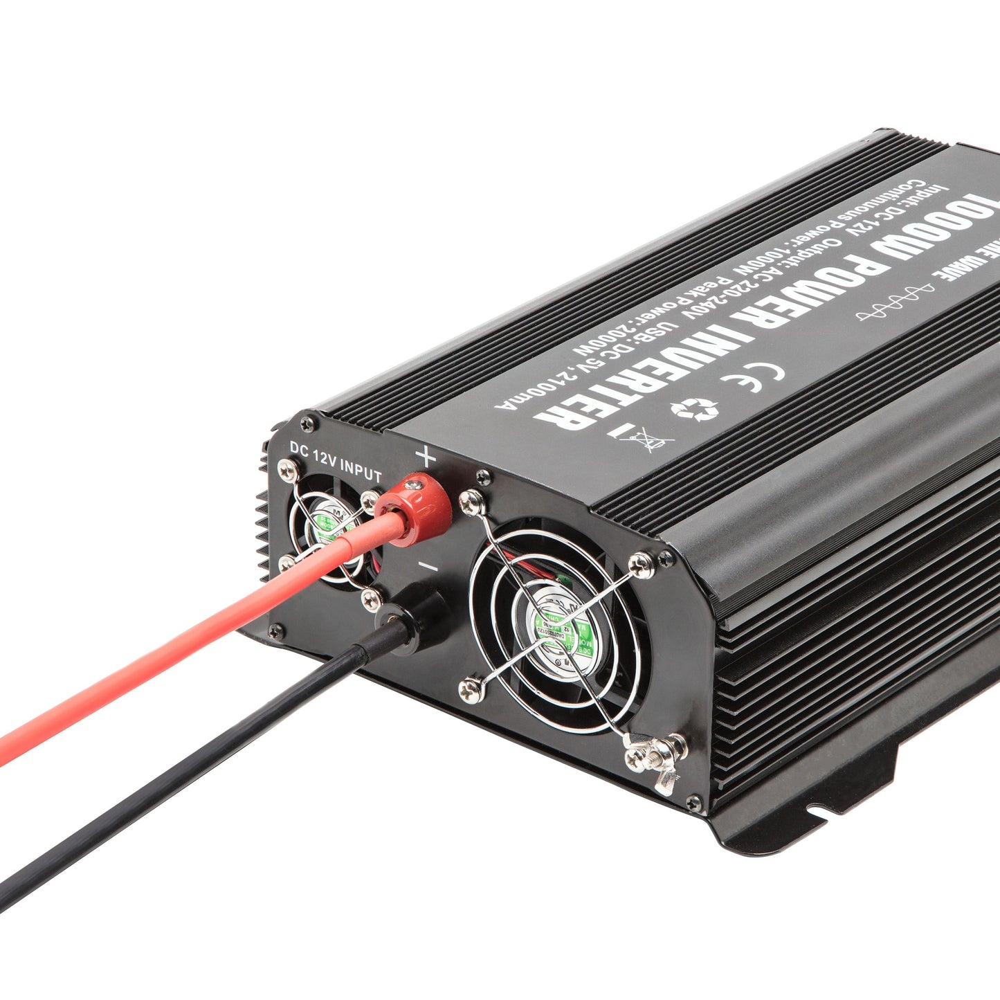 Luxorparts vekselretter ren sinus 1000W sort, to køleventilatorer, mærkede indgange, DC 12V input via røde/sorte kabler.