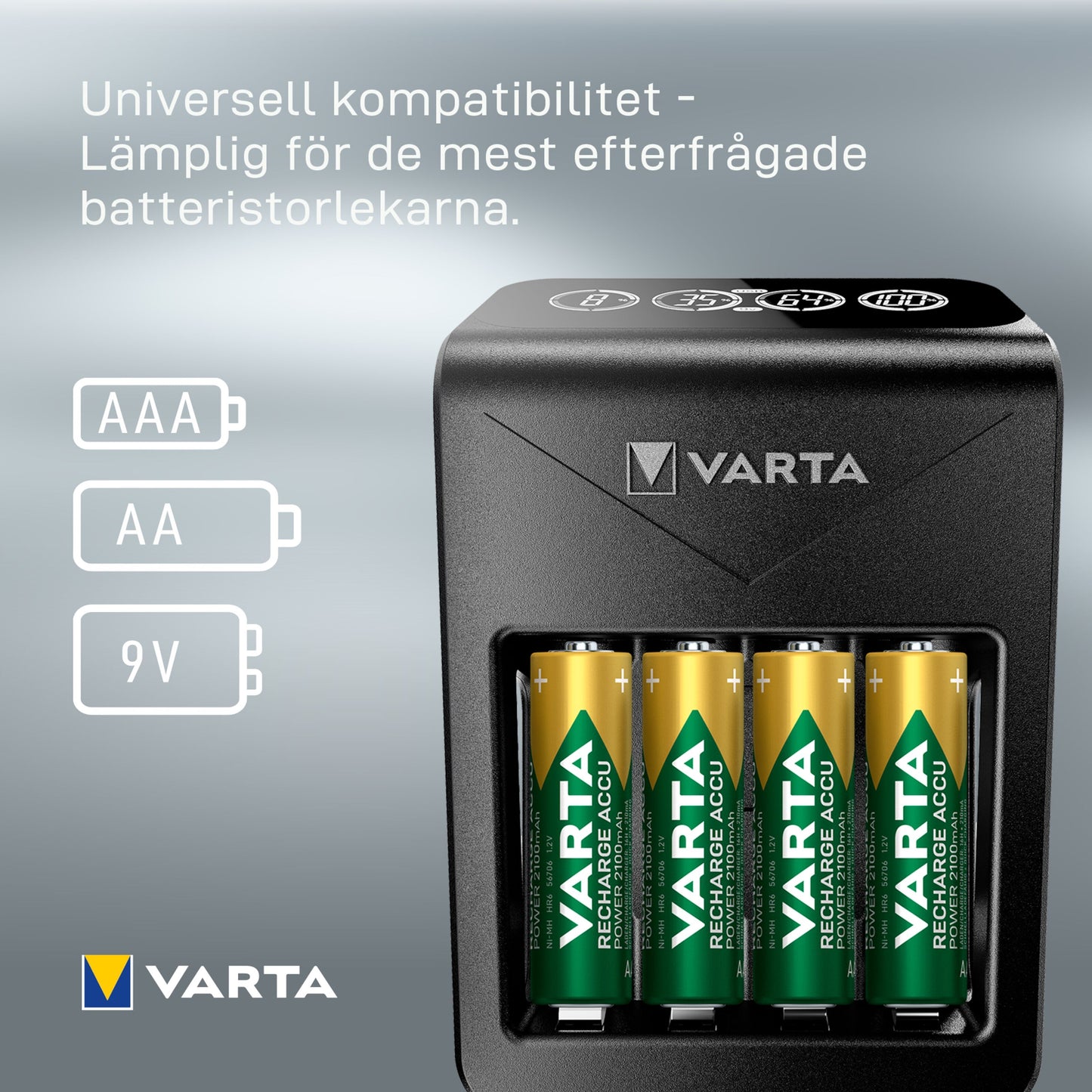 Varta LCD-stikoplader med 4 AA-batterier, LCD-display, til AAA/AA/9V-batterier, svensk/finsk tekst på emballagen.