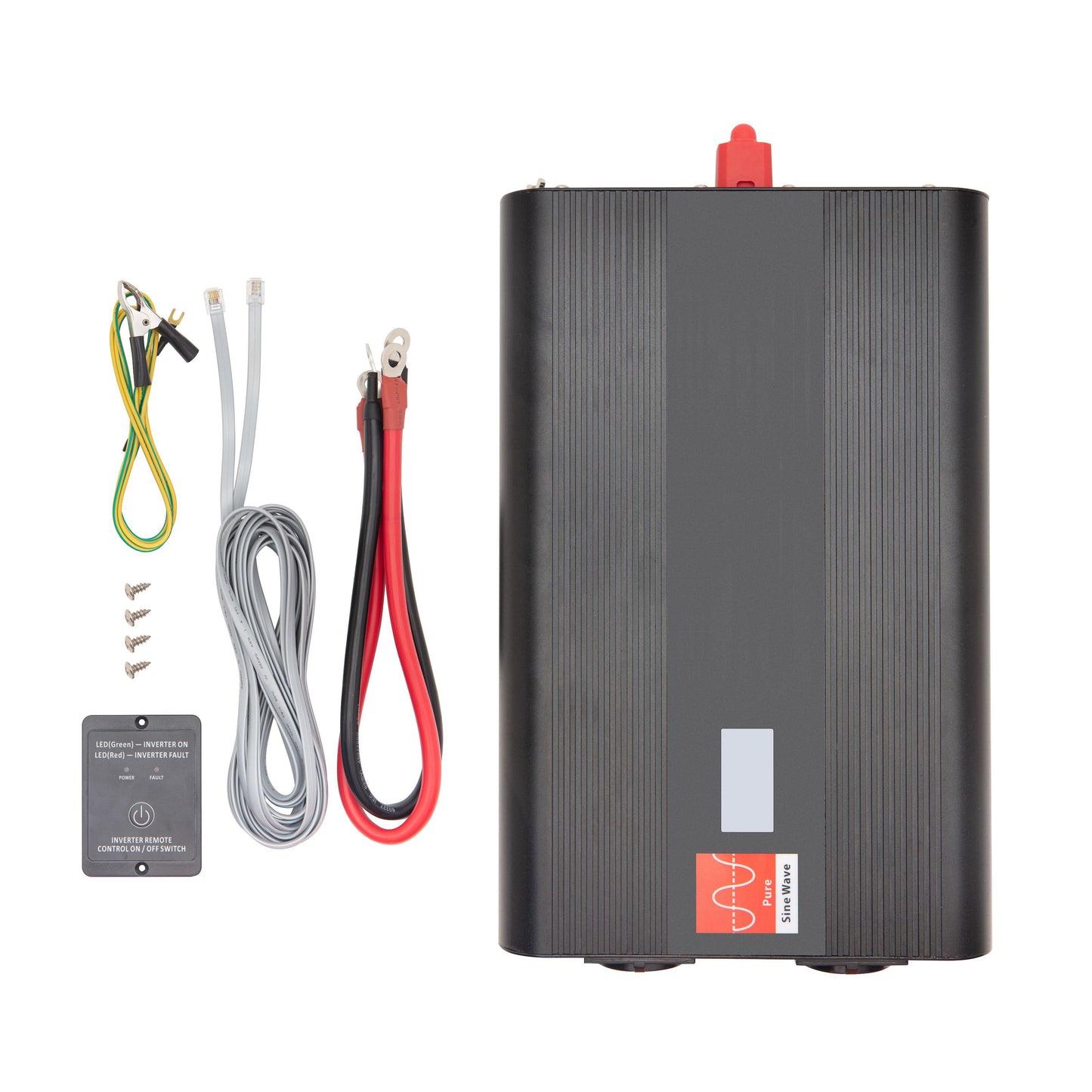 Inverter med ren sinus 2000 W sort rektangulær, inkl kabler, ledninger, skruer og monteringsplade.