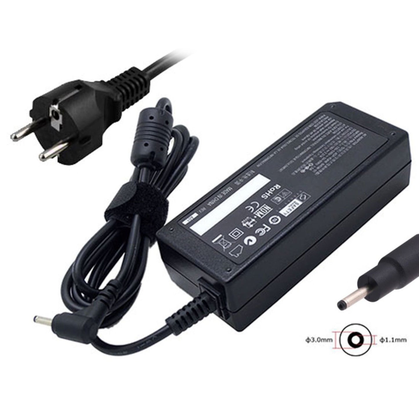 Computeroplader 19V 45W med tobenet stik, rektangulær strømforsyning og cylinderformet 3,0x1,1 mm DC-stik.
