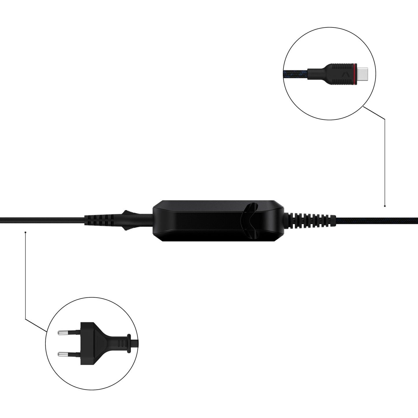 Unisynk GaN oplader 65W USB-C, europæisk stik, USB-C port, vises horisontalt med callouts for hurtig opladning.