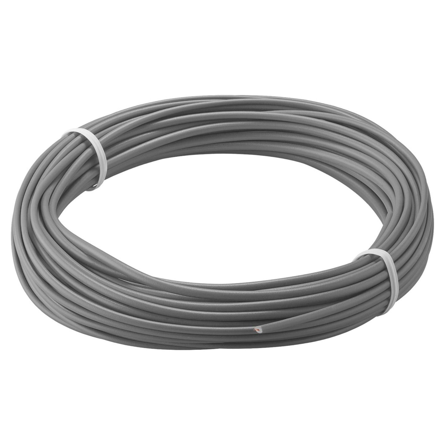 Goobay grå isoleret kobberledning 0,14 mm² 10 m, sammenrullet og fastgjort med to hvide strips.