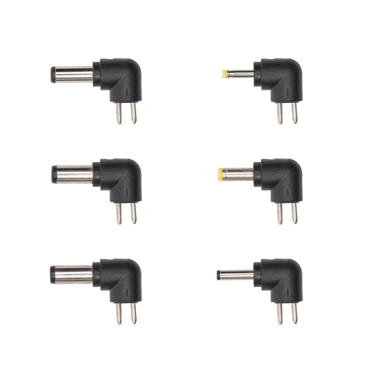 Skiftet strømadapter 5 V DC 15 W, sort, vinkelstik, til metalben pr. adapter, gul/sølv/sort universalspids.
