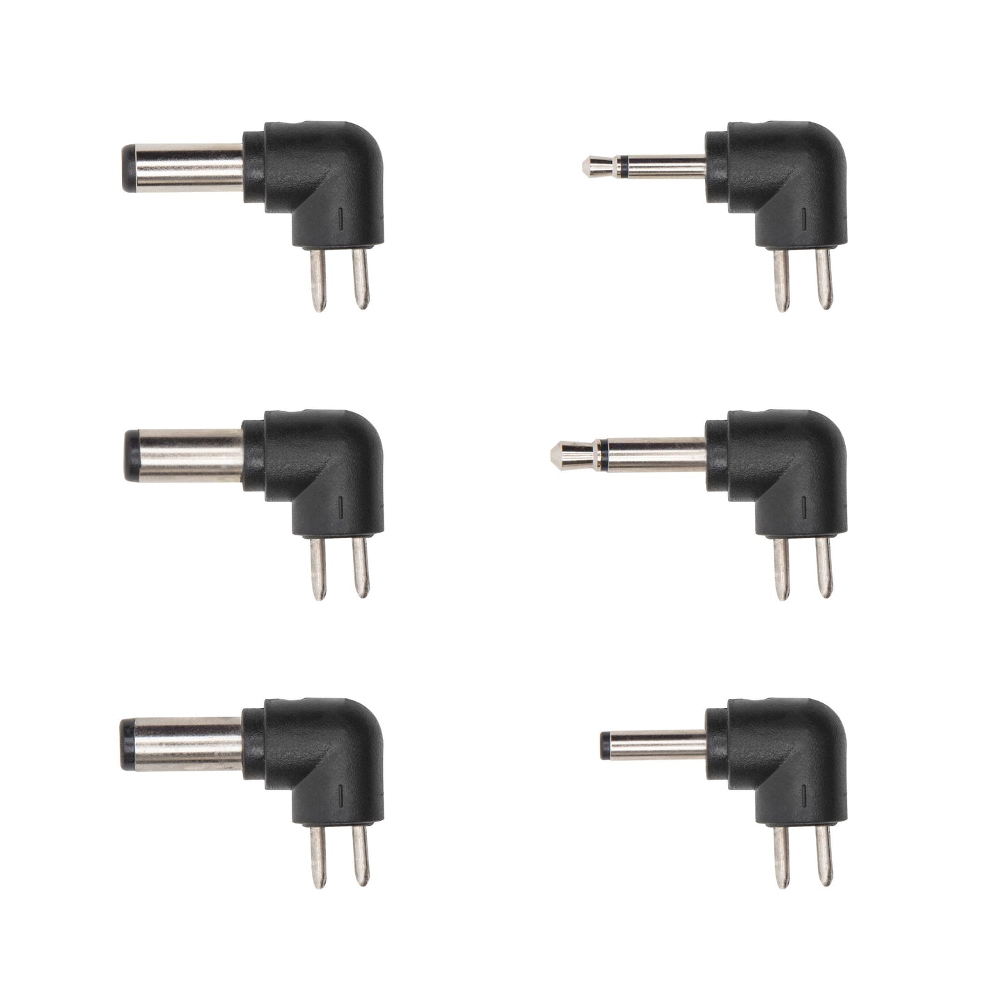 Justerbar netadapter 3-12V DC 18W sort, 3 med runde DC-stik, 3 med sølvfarvede audiostik, to kolonner.