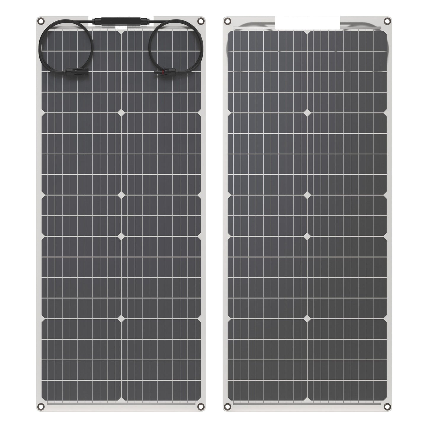 Nordmax Fleksibelt Bifacial solpanel 60 W med to rektangulære paneler, mørke monokrystallinske celler, hjørnehuller, kabler øverst.
