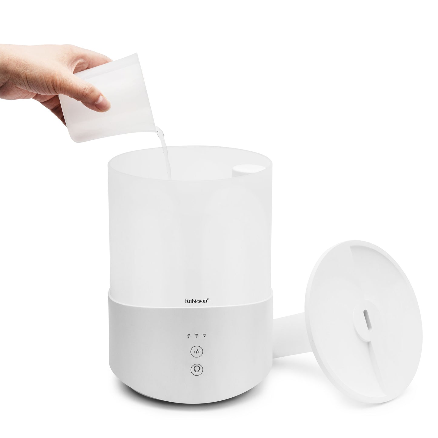 Rubicson luftfugter 2,5 L med timer, stemningsbelysning, ultralydsteknologi og betjeningsknapper foran.