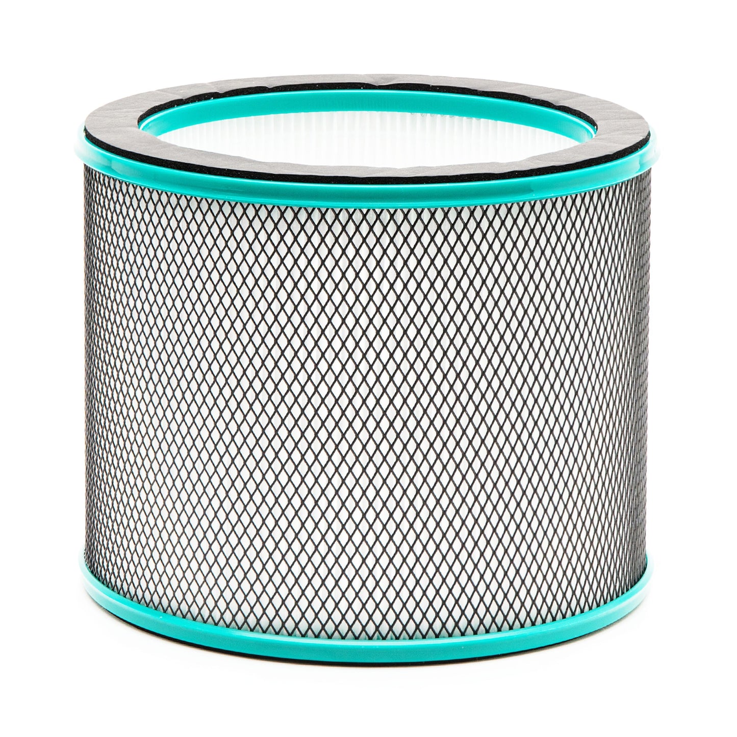 Cleverio AF-F100 ventilatorfilter, cylindrisk HEPA med diamantmønster og turkis plastkanter.