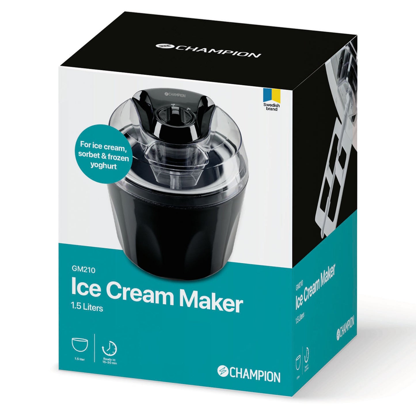 Champion Ismaskine 1,5 L æske med maskinbillede, blågrøn/sort baggrund, ikoner til is, sorbet og frozen yoghurt.