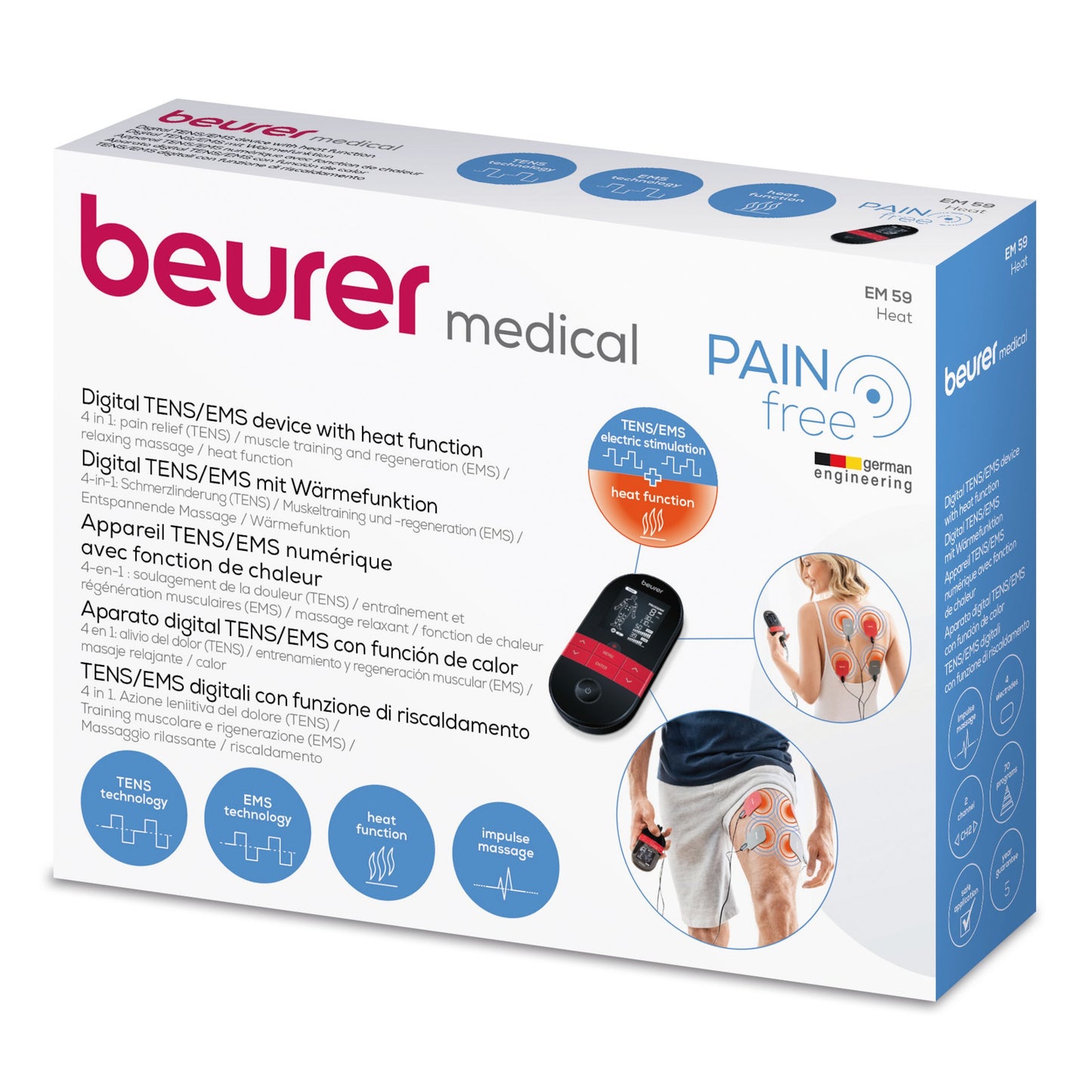 Beurer EM 59 TENS/EMS muskelstimulator med varme, digitale funktioner, billeder af brug på ryg og ben, tilbehør medfølger.