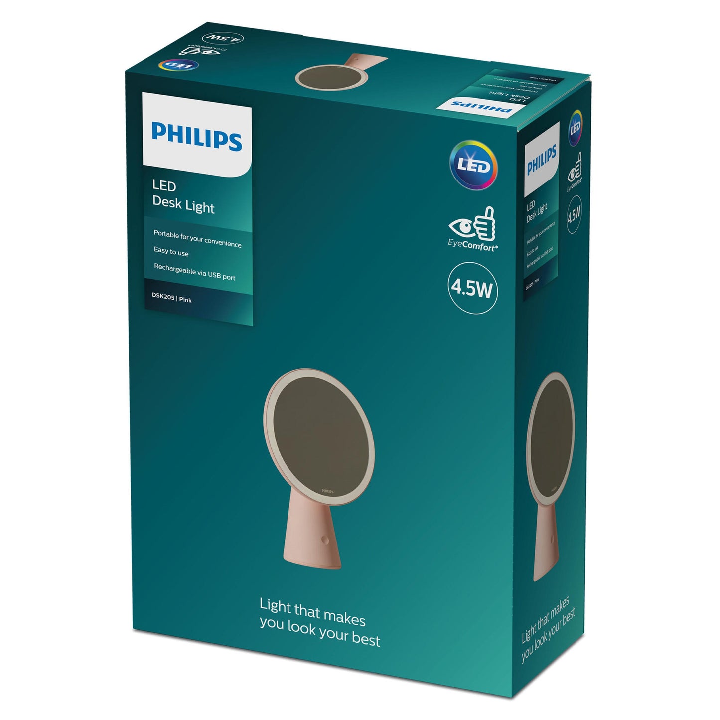 Philips Makeup spejl Lyserød med LED-belysning, EyeComfort, USB-opladning, 4,5W vises med æske.