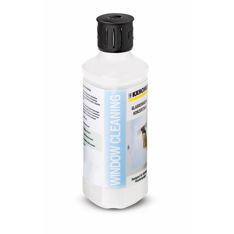 Kärcher RM 500 Vinduesvaskemiddel 0,5L plastflaske med sort låg og hvid etiket med "Window Cleaning" og vinduesmotiv.