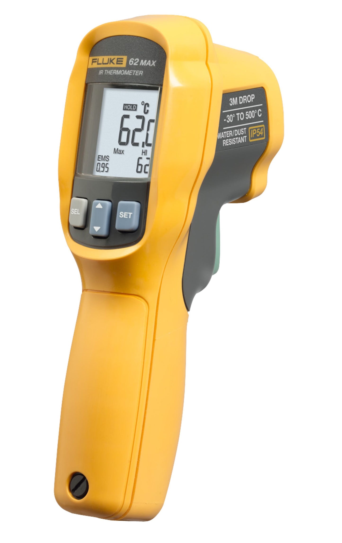 Fluke 62 Max IR-termometer, gul, digitalt display viser 62,0°C, måler -30°C til 500°C, kontaktløs, vand- og støvafvisende.
