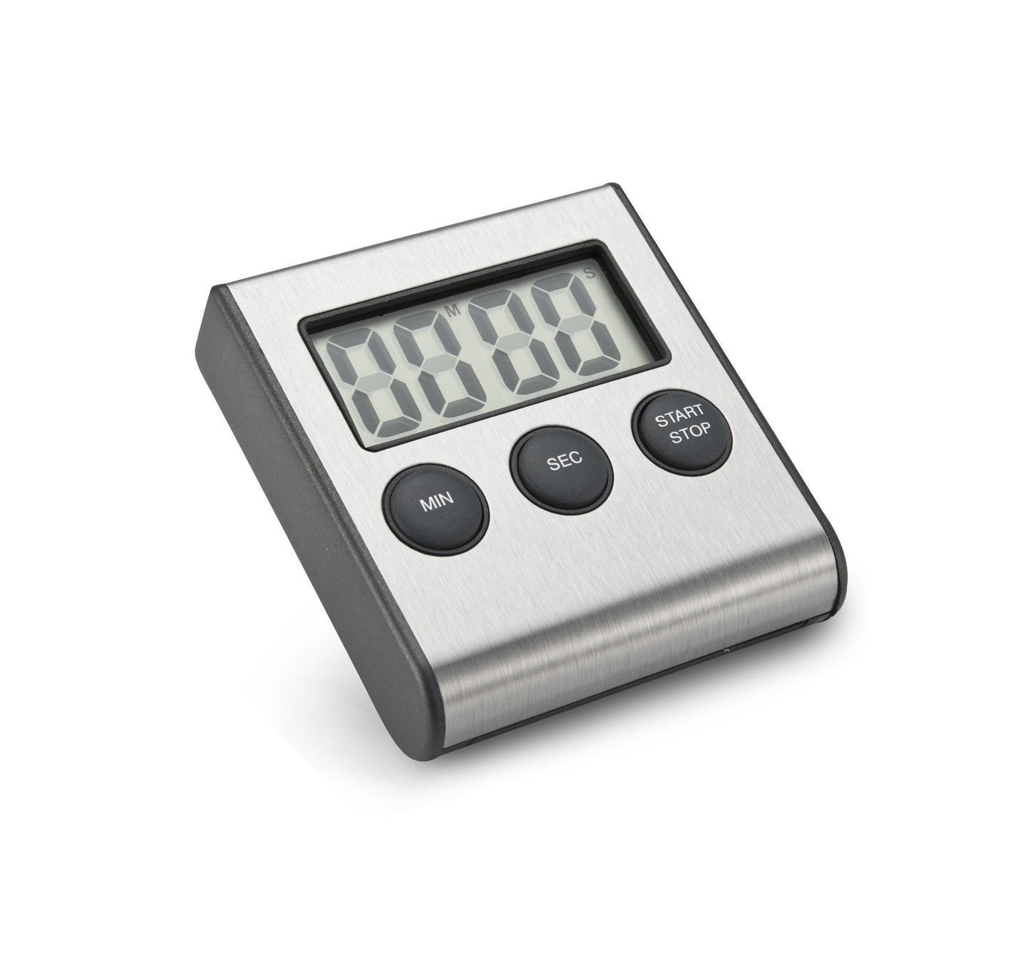 Rubicson digital køkkentimer med front i rustfrit stål, tre slags knapper (MIN, SEC, START/STOP) og stor LCD-skærm 00:00.